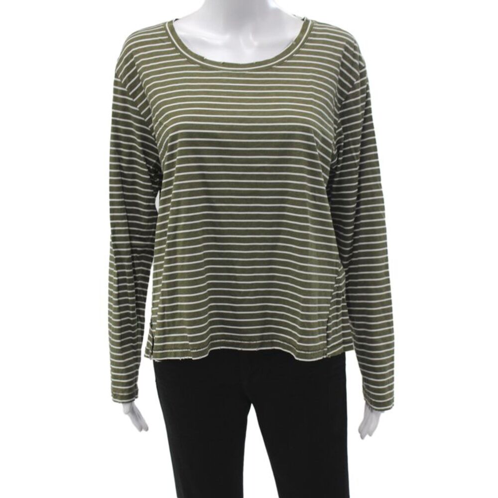 Leallo Unisex Basic Striped Green 100% Cotton Long Sleeve T-Shirt Size L